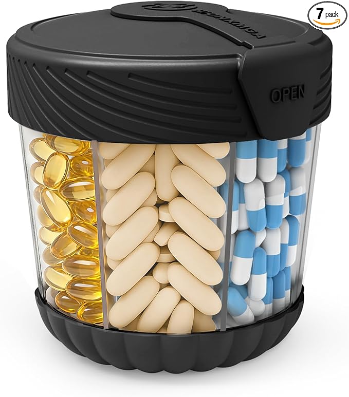 HIONXMGA Large Pill Dispenser, Portable Pill Bottle Organizer for 7 Vitamins, Anti-Mix Supplement Organizer with Easy Twist Wide Opening, BPA-Free Pill Container, 20 Pcs Labels Included, Black