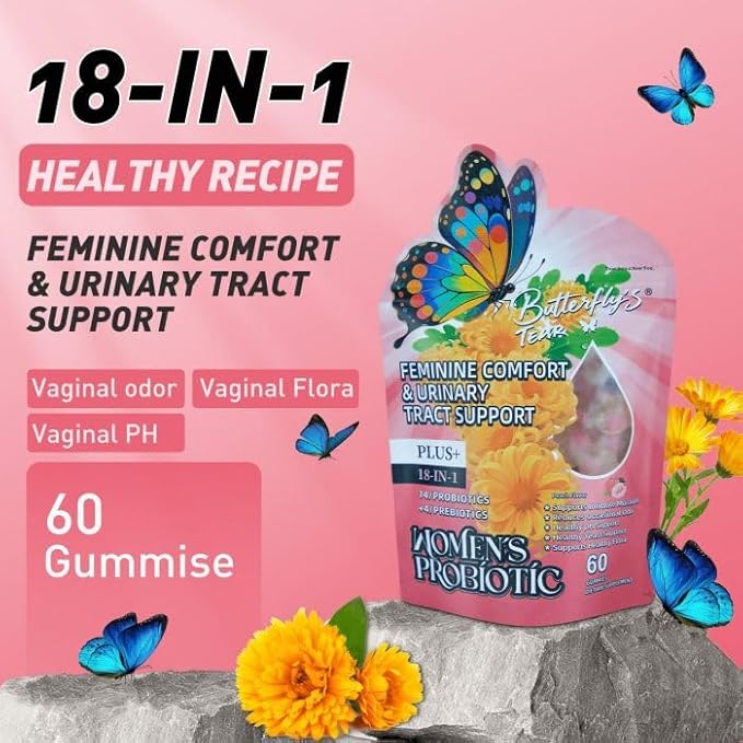 BUTTERFLY'S TEAR Women's Probiotic Gummies | 18-in-1 Feminine Comfort & Urinary Tract Support | 14 Probiotics + 4 Prebiotics | Peach Flavor | Intimate Moisture, pH Balance, Healthy Flora, 180 Chew