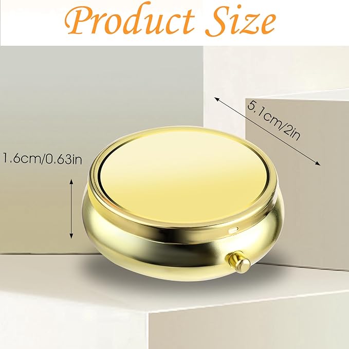 Sibba Portable Medicine Pill Case, Travel Multi-Functional Moisture Proof Pill Box for Purse & Pocket, Cute Metal Medicine Pill Organizer Box for Vitamins, Fish Oil & Supplements (Gold)
