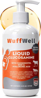 WuffWell Liquid Glucosamine for Dogs Hip & Joint Support with Chondroitin, MSM & Hyaluronic Acid, Dog Joint Supplement for Mobility & Cartilage Health, Easy Pump Dosage, All Breeds, Made in USA, 16oz