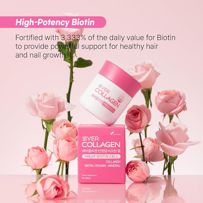 Ever Collagen in&UP Biotin Cell, Low Molecular Marine Fish Collagen Peptides Tablets with Vitamin Selenium Supplements - Healthy Skin, Hair, Nail for Women - Antioxidant Supplement