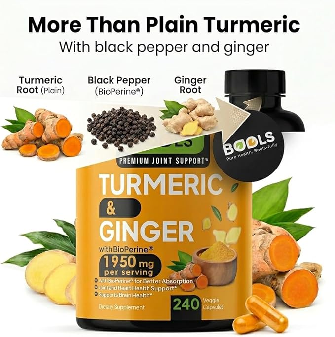 Turmeric Curcumin Supplement with BioPerine & Ginger, Turmeric Curcumin with Black Pepper 1950mg for Max Absorption Joint Support- Non-GMO Turmeric Supplement, Vegan, 240 Capsules
