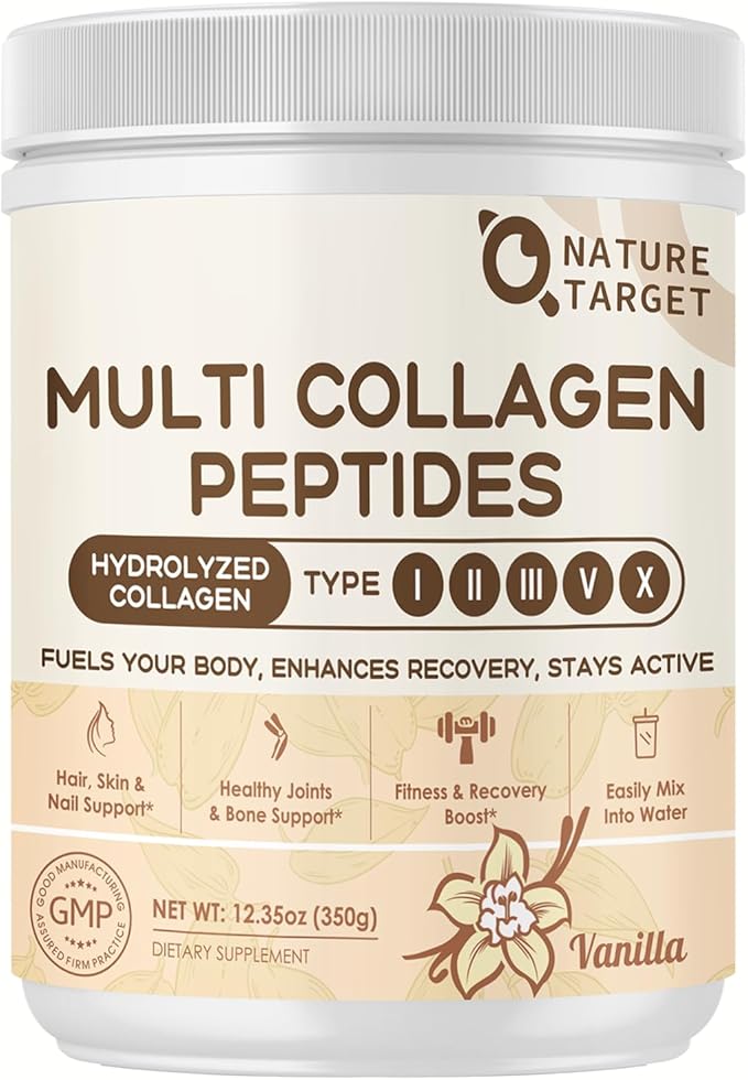NATURE TARGET Multi Collagen Peptides for Women - Hydrolyzed Collagen Powder with Vitamin C & E - Type I, II, III, V & X Support Skin, Hair & Joint, Vanilla Flavored, 35 Servings
