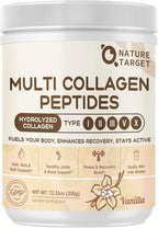 NATURE TARGET Multi Collagen Peptides for Women - Hydrolyzed Collagen Powder with Vitamin C & E - Type I, II, III, V & X Support Skin, Hair & Joint, Vanilla Flavored, 35 Servings