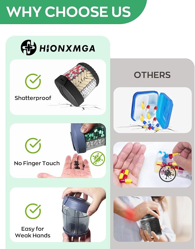 HIONXMGA Large Pill Dispenser, Portable Pill Bottle Organizer for 7 Vitamins, Anti-Mix Supplement Organizer with Easy Twist Wide Opening, BPA-Free Pill Container, 20 Pcs Labels Included, Black