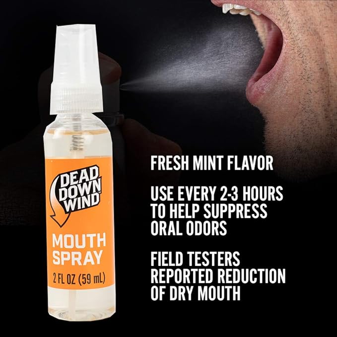 Dead Down Wind Mouth Spray, 2 Fl Oz Bottle, Fresh Mint, Hunting Accessories, for Hunting, Odors, Safe and Gentle Spray to Control Dry Mouth and Coughing Clear 1240BC
