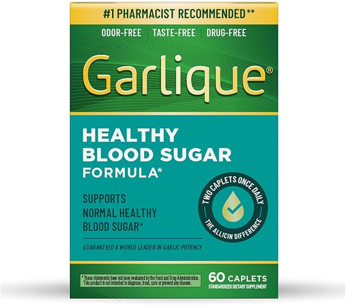 Garlique Garlic Extract Supplement, Healthy Blood Sugar Formula, Blood Sugar Support, 6000 mcg allicin, Odorless & Vegan, 60 Caplets