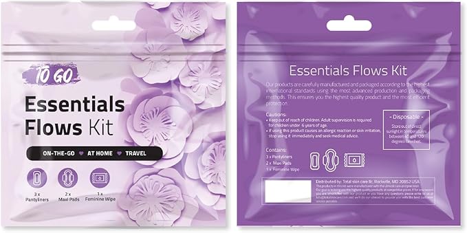 Essential Flows Kit with 3 Pantiliners, 2 Maxi Pads & 1 Feminine Wipe – Light Daily Period Care for Women & Girls – Travel Hygiene Pack (Purple) (1)