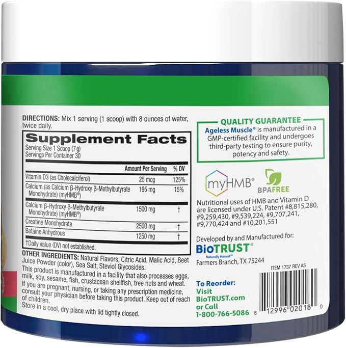 BioTrust Ageless Muscle Builder - Creatine HMB Powder with Vitamin D3 & Betaine - Build & Preserve Naturally Declining Muscle Mass & Strength - Fruit Punch, 60 Servings