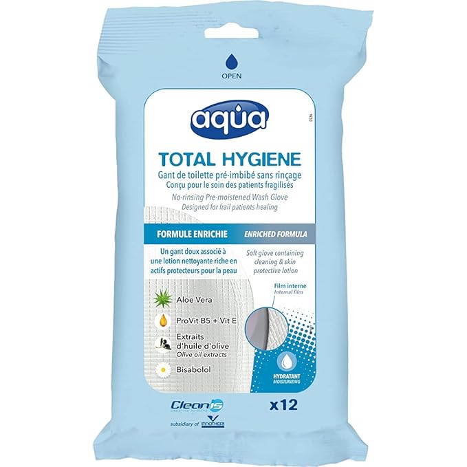 Aqua Wash Reusable Gloves - Medical Grade Pre-Moistened Cleansing Wipes - No Water, Soap, Rinsing or Drying Necessary – All Skin Types – Hypoallergenic - Pack of 12 Gloves