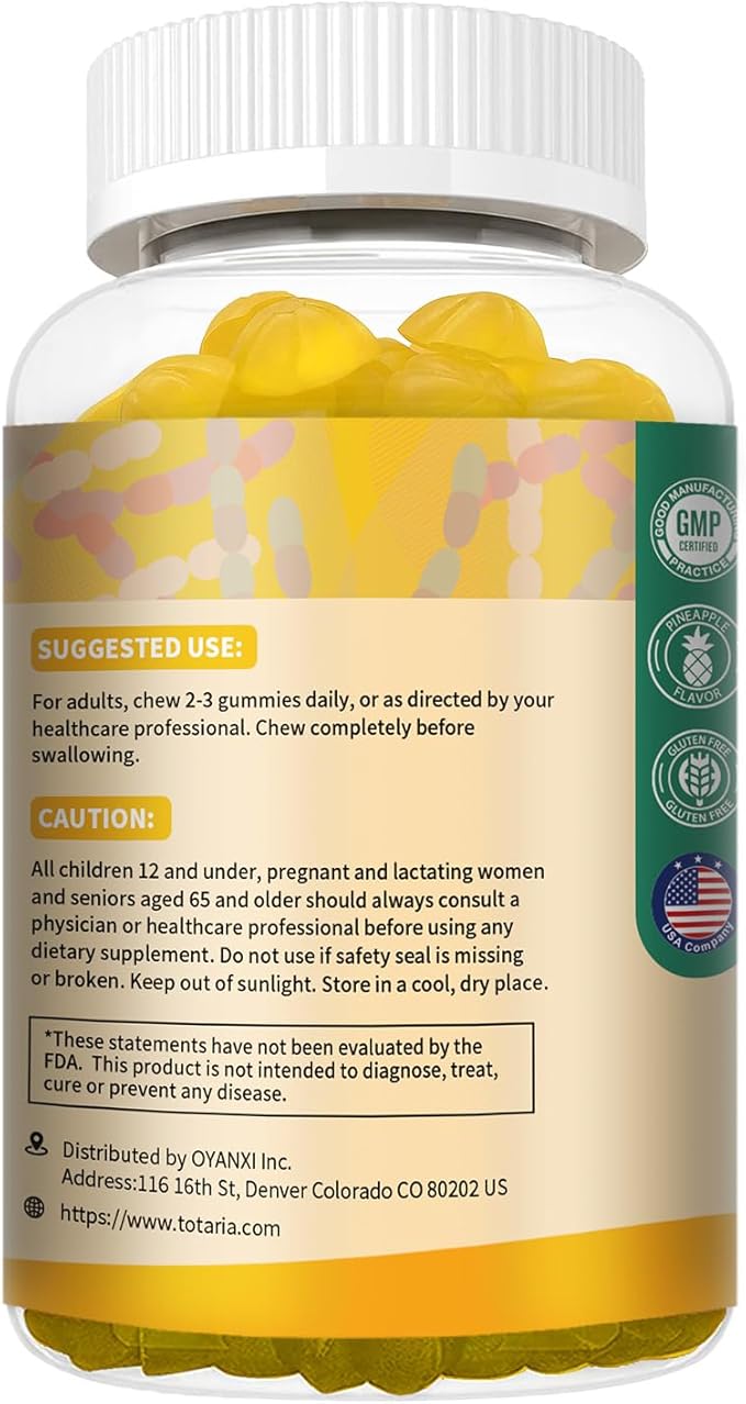 Totaria Probiotic Fiber Gummies, Pineapple Flavor, 60 Gummies per Bottle, 2 Bottles