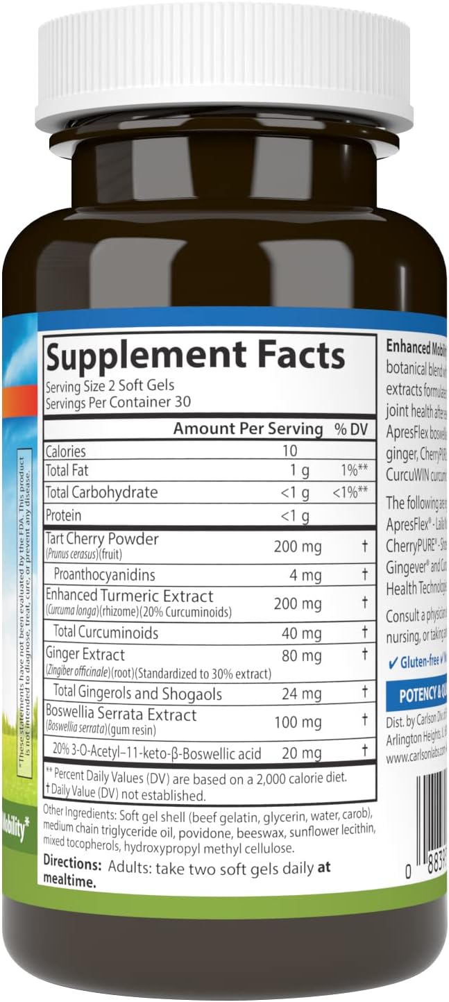 Carlson - Enhanced Mobility, Botanical Joint Support, Boswellia, Tart Cherry, Curcumin, Ginger, 60 Softgels