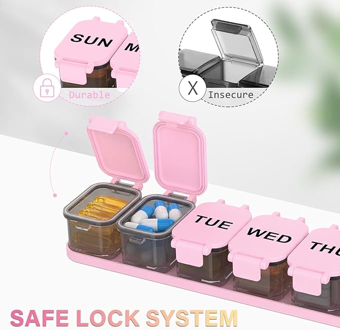 Extra Large Weekly Pill Organizer - XL Vitamin Holder with 7 Detachable Compartments, Portable Medicine Pill Organizer for Supplements, Daily Pill Case for Home and Travel,Pink