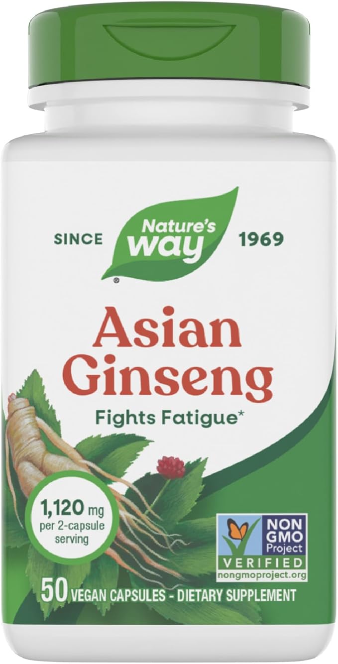 Nature's Way Asian Ginseng, Fights Fatigue*, 1,120mg Per 2-capsule Serving, Non-GMO Project Verified, Vegan, 50 Capsules (Packaging May Vary)