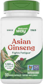 Nature's Way Asian Ginseng, Fights Fatigue*, 1,120mg Per 2-capsule Serving, Non-GMO Project Verified, Vegan, 50 Capsules (Packaging May Vary)