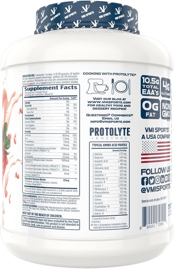 VMI Sports | ProtoLyte Whey Isolate Protein Powder | Low Calorie Whey for Weight Loss and Muscle Gain | Digestive Enzymes | Non-GMO (4.6 lb, Strawberry)