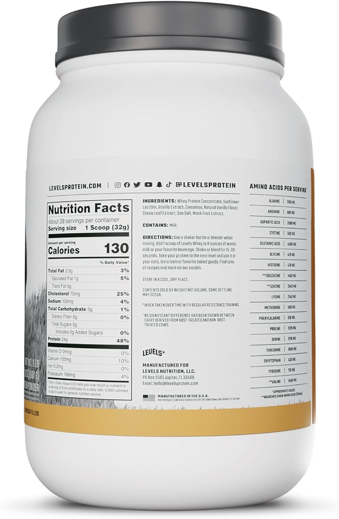 Levels Grass Fed Whey Protein Powder, No Artificials, 24G of Protein, Vanilla Cinnamon, 2LB