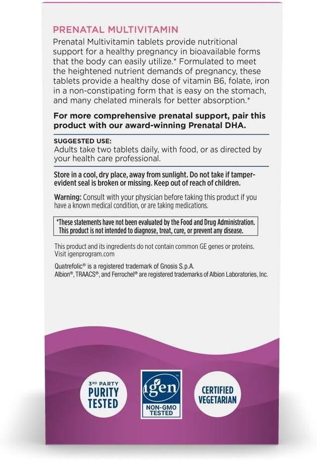 Nordic Naturals Prenatal Multivitamin for Women - Daily Vegetarian Prenatal Vitamins - 22 Essential Nutrients, Including B6, Folate, and Iron - 60 Tablets - 30 Servings