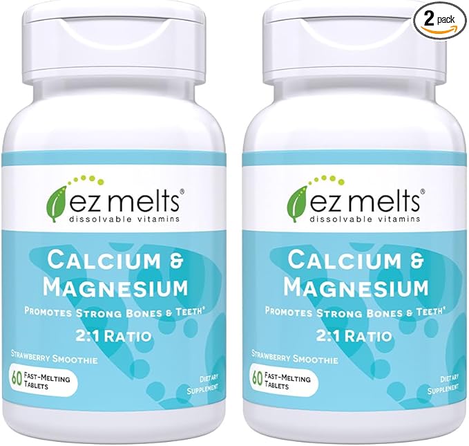 EZ Melts Calcium & Magnesium - Daily Supplement for Heart, Bone, Immune & Brain Health - with Vitamin D3 - Non-GMO & Vegan - Strawberry Smoothie - 120 Dissolvable Tablets (60 Servings)