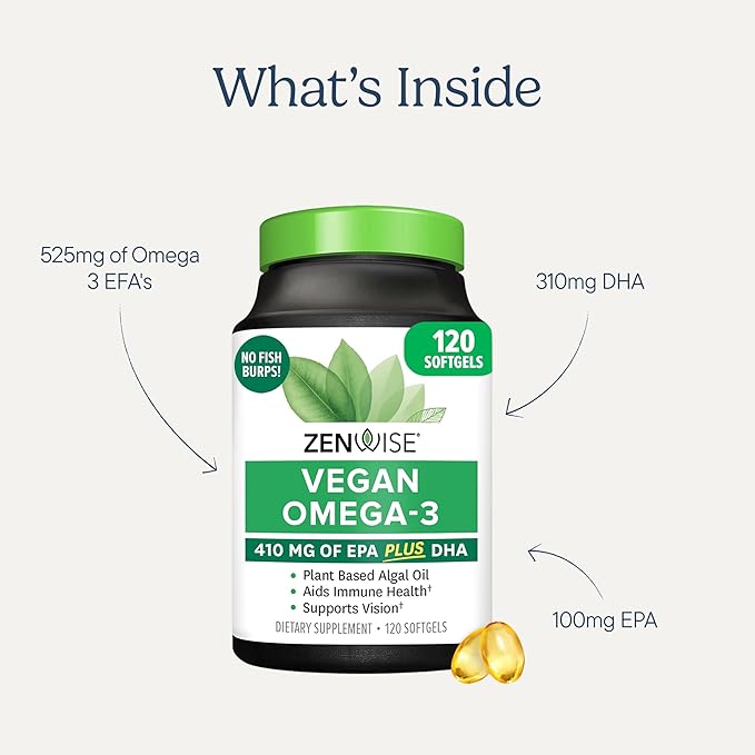 Zenwise Health Vegan Omega 3 Supplement - Burpless Omega 3 Supplement with DHA, EPA & DPA Fatty Acids for Immune Health - Fish Oil Alternative from Sustainably Sourced Marine Algae Oil - 120 Softgels
