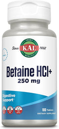 KAL Betaine HCL with Pepsin Supplement for Women & Men - Digestive Enzymes for Gut Health Support, Betaine Hydrochloride 250 mg, Calcium Support for Stomach Acid, Gluten Free, Non GMO - 100 Tablets