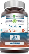 Amazing Formulas Calcium with Vitamin D3 Supplement | Tablets | Non-GMO | Gluten-Free | Made in USA (1 Pack | 250 Count)