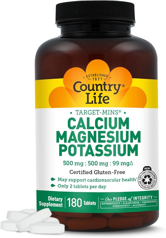 Country Life Target Mins - Calcium Magnesium Potassium Bone & Heart Health Supplement, 1000mg Calcium, 500mg Magnesium, Supports Calcium Utilization, 180 Tablets – Certified Gluten Free & Vegan