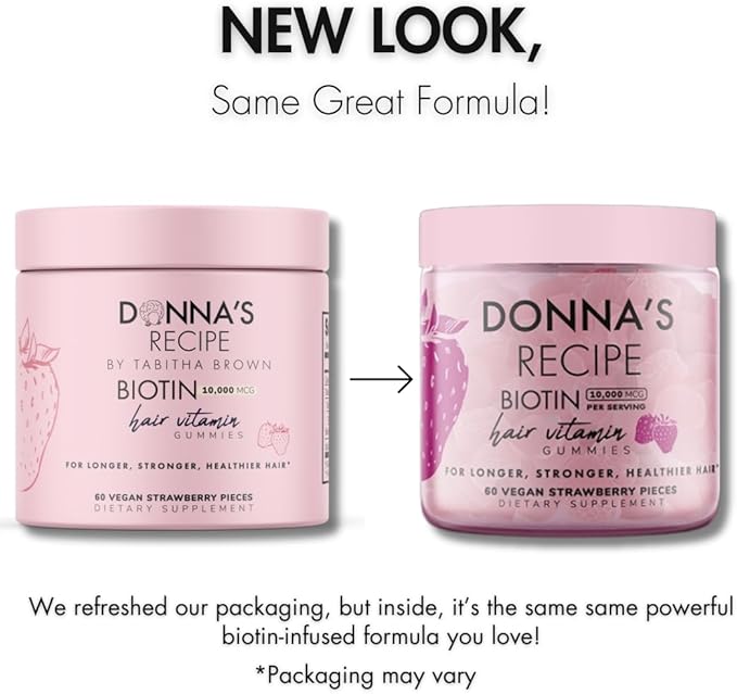 Donna's Recipe by Tabitha Brown | Vegan Strawberry Biotin Hair, Skin & Nails Gummies – 10,000 mcg Biotin, Clean, Non-GMO, Gluten-Free, 60 Gummies