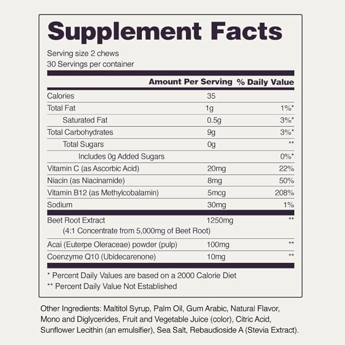Snap Supplements Heart Beets Beet Root Soft Chews, Cardiovascular Support Supplement for Men & Women, CoQ10 & Acai, Energy & Circulation Support, Sugar Free, Mixed Berry, 60 Soft Chews