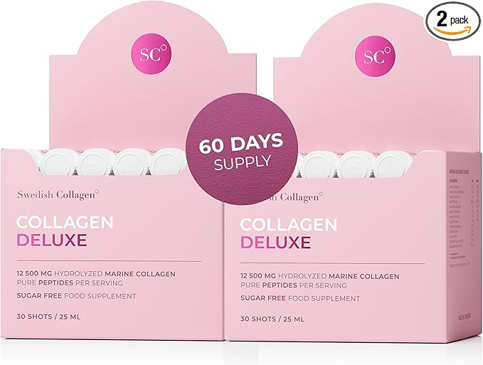 Swedish Collagen Deluxe | 12,500 mg Hydrolyzed Marine Collagen Liquid Supplement - 60 x 25 ml Daily Shots (2 Pack, 30 in Each) | Hyaluronic Acid, Biotin and Vitamin C for Hair, Skin, Nails and Joints