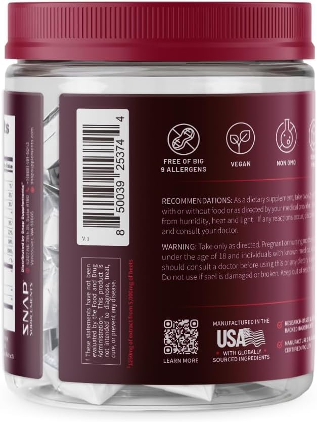 Snap Supplements Heart Beets Beet Root Soft Chews, Cardiovascular Support Supplement for Men & Women, CoQ10 & Acai, Energy & Circulation Support, Sugar Free, Mixed Berry, 60 Soft Chews