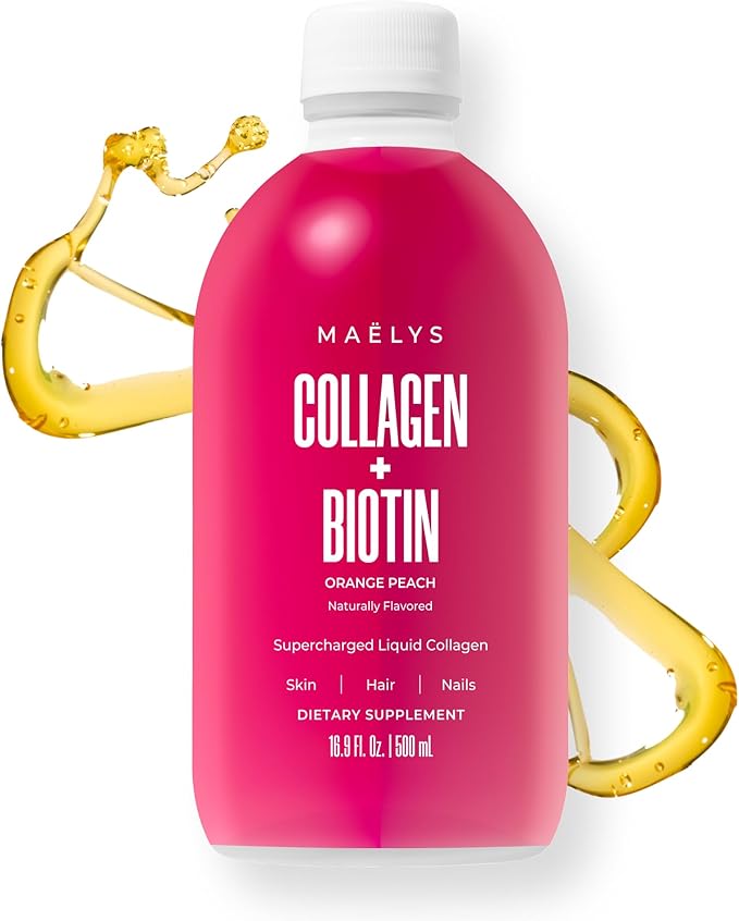 MAËLYS Collagen + BIOTIN Supercharged Liquid Collagen - Drinkable Hydrolyzed Type I & III Collagen Supplement with Biotin, Vitamin C, Zinc & Folic Acid - Orange Peach Flavor (500 mL)