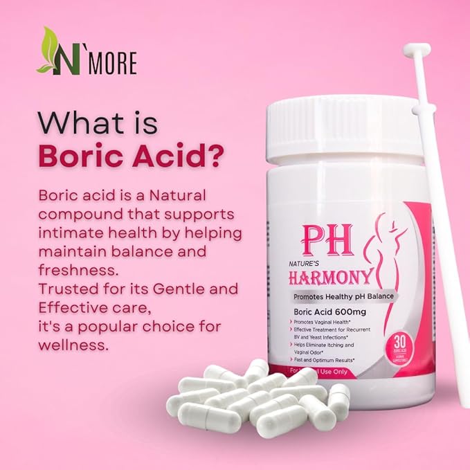 N'More pH Harmony Boric Acid Vaginal Suppositories for Yeast Infection Relief + Reusable Applicator — 30 Count, 600 mg, Made in USA