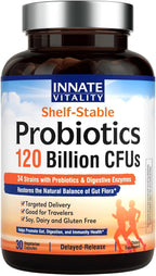 Innate Vitality Probiotics 120 Billion CFUs for Men & Women, 34 Strains with Prebiotics & Digestive Enzymes, Immune & Digestive Health, Delayed Release, Shelf Stable, 30 Vegan Capsules