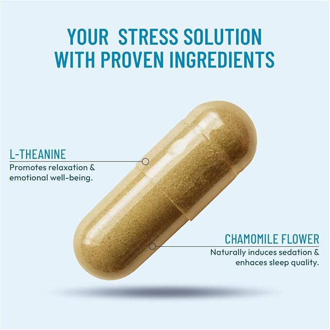 Stress Relief Supplement - Supports Mood & Mental Focus - Feel Calm and Relaxed - Eases Tension & Nervousness - Ashwagandha, GABA, Valerian & L-Theanine - 60 Capsules