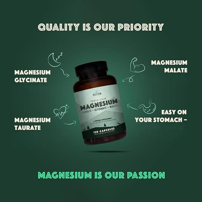 Natural Rhythm Triple Calm Magnesium Complex - 120 Capsules, Chelated Magnesium Glycinate, Taurate & Malate, High Absorption Supplement for Sleep, Stress, Muscle & Heart Support, Non-GMO, Vegan