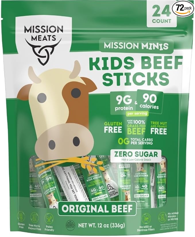Mission Meats Kids Beef Sticks, 100% Grass Fed, Healthy Snacks for Kids, Zero Sugar, 9g Protein per Serving, Gluten & Nut Free, Individually Wrapped, Mini 0.5oz (72ct Bag)