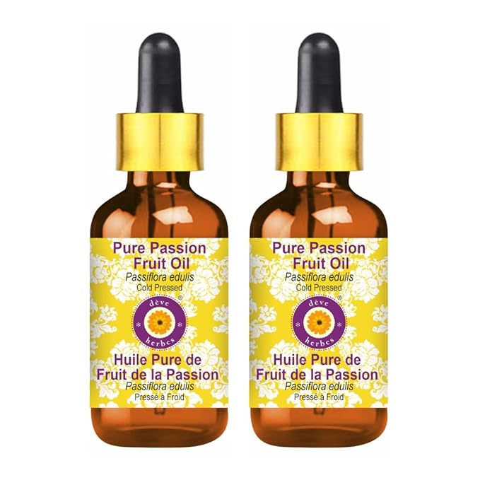 Deve Herbes Pure Passion Fruit Oil (Passiflora edulis) with Glass Dropper Cold Pressed (Pack of Two) 100ml X 2 (6.76 oz)