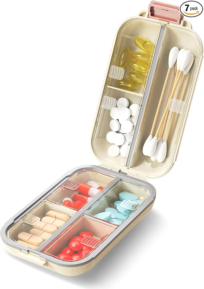 7 Compartments Travel Pill Organizer, Foldable Portable Airtight Daily Pill Box, Compact Pill Case for Purse & Pocket, BPA-Free Medicine Organizer for Vitamins Fish Oil Supplements (White)