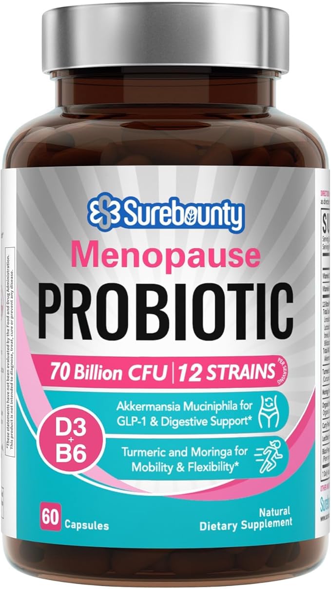 Menopause Probiotic Supplement for Women, 70 Billion CFU, with Akkermansia Muciniphila, Vitamins B6 & D3, Botanicals, for Hormone Balance, Hot Flashes, Night Sweats, Gut Health, 60 Capsules