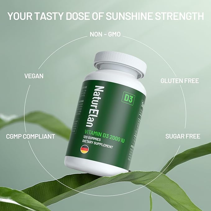 NaturElan 2 Pack Vitamin D3 Gummies - 240 Gummies, 2000 IU Vitamin D3 per Gummy, Sugar Free, Boost Bones, Mood & Immune System Function, Yummy Peach Flavor, Vegan, Non-GMO & Gluten Free, 240 Servings