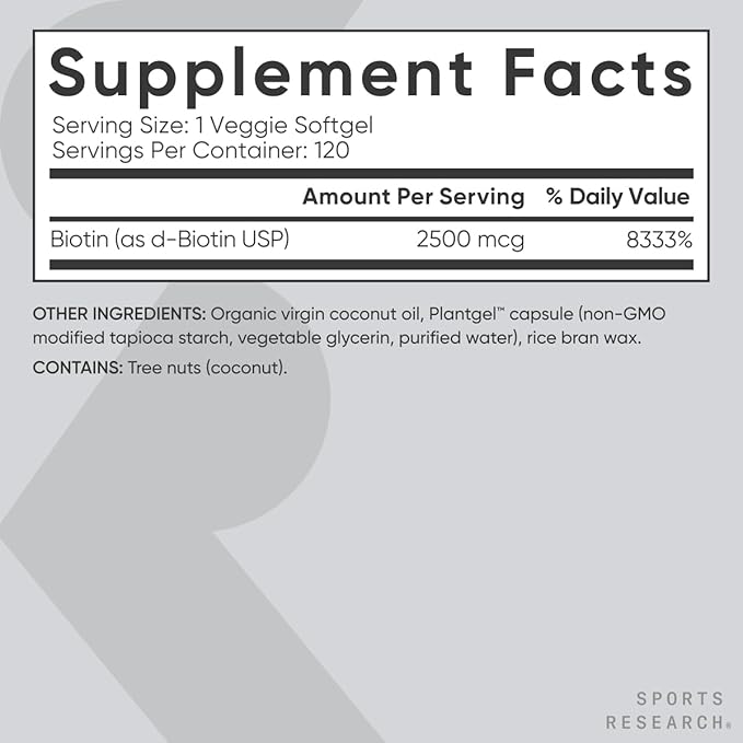 Sports Research® Biotin 2,500mcg with Organic Coconut Oil - Biotin (Vitamin B7) for Healthy Skin and Hair Support* - for Women and Men - Vegan, Non-GMO, Gluten & Soy-Free - 120 Veggie Softgels
