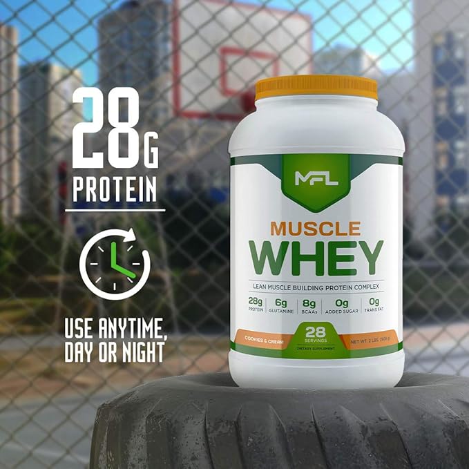 MFL Muscle Whey Protein l 28g of Protein l 8g BCAAs l Keto Friendly l Low Carbs l 2 lbs (Cookies and Cream)