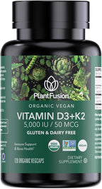 PlantFusion Organic Vegan Vitamin D3 + K2 5,000 IU, 50MCG – Vitamin D Sourced from Plant Based Lichen and Vitamin K2, for Immune Support and Bone Health - 120 Capsules