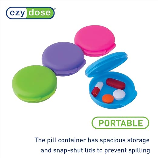 EZY DOSE Daily Round, Compact, Small, Disrcrete, Portable On-The-Go Pocket Pharmacy, Pill Box, Organizer and Vitamin Containers, Snap Shut Lids, Travel Friendly, Colors May Vary, 2 Pack, BPA Free