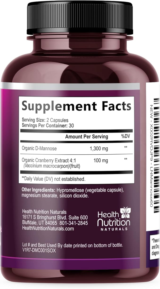 D-Mannose Supplement - 1,300mg Organic D Mannose Per Serving with Organic Cranberry Extract - Fast-Acting, Natural Urinary & Bladder Support for Women & Men – Flush & Cleanse Impurities – 60 Capsules