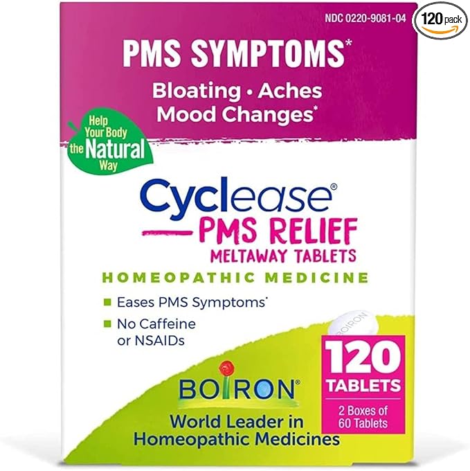 Boiron Cyclease PMS Relief Tablets for Symptoms from PMS of Bloating, Aches, Mood Swings, and Irritability - 120 Count (2 Pack of 60)