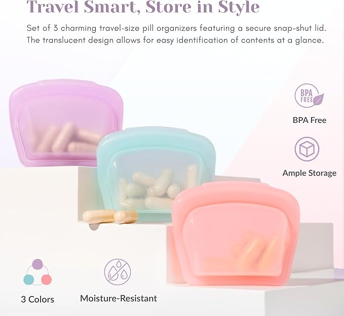 Small Pill Boxes – 3 Pack Mini Pill Case Set, Reusable Silicone Pill Bags for Travel, Portable Vitamin Case & Medicine Travel Organizer – Pill Box for Purse (Pink, Purple, Blue)