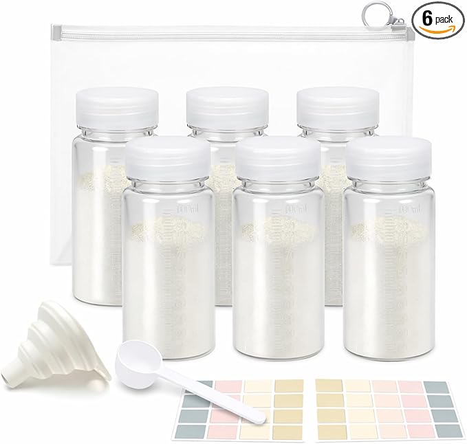 Protein powder travel container, 6 Pack 100ml Reusable Bottles with Funnel, Labels, Storage Pouch & 5g Scoop, Portable Supplement Storage for Gym & Trips