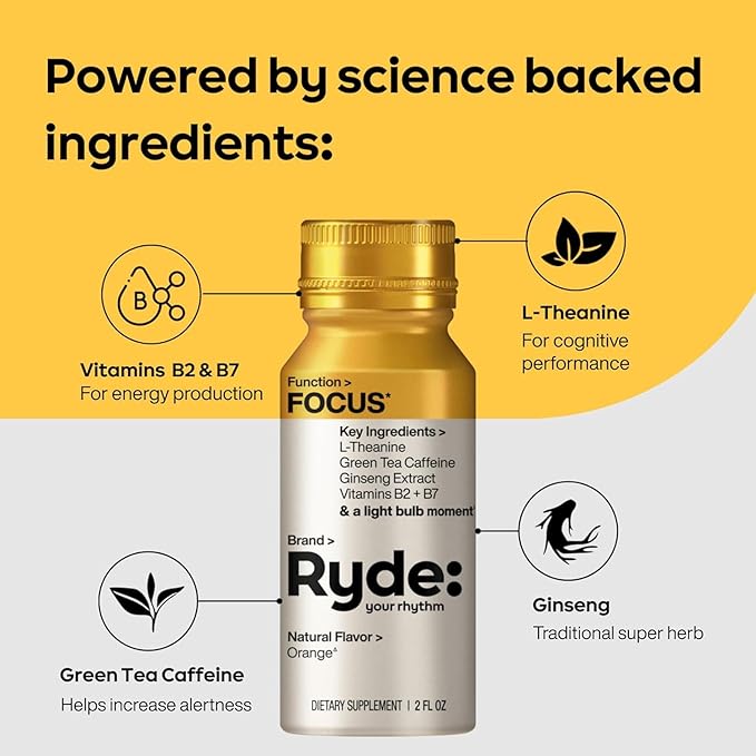 Ryde Discovery Pack | Energize, Focus, Relax & Sleep Shots | Green Tea Caffeine, Ginseng, B Vitamins, L-Theanine, Lemon Balm, Chamomile, Melatonin | 0 Calories, 0 Sugar | Variety Pack (8 Pack)